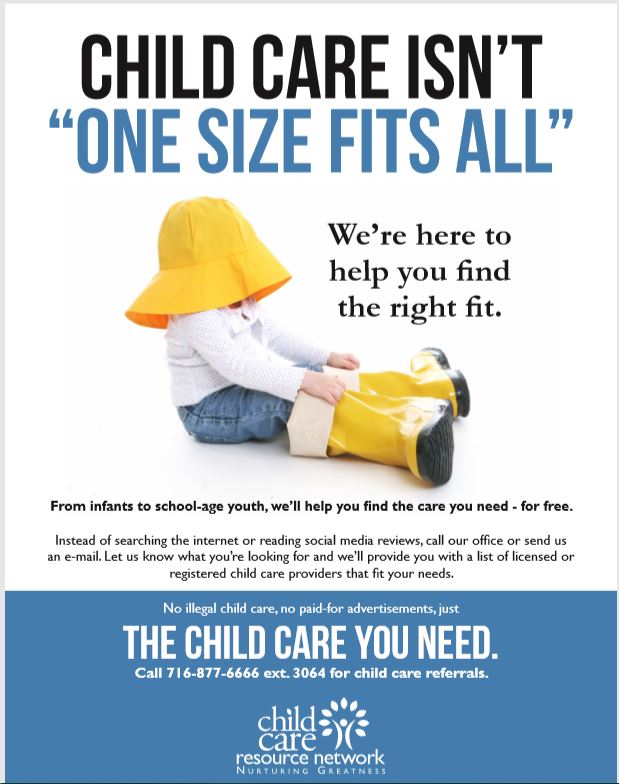 Childcare Resource Network flyer with a baby putting on an oversize raincoat and the tagline "one size fits all"
